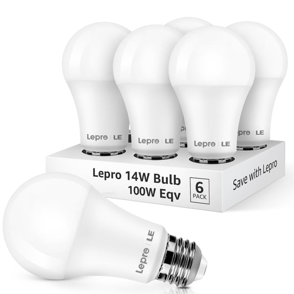 Lepro LED Light Bulb, 100W Equivalent, 14W 1500 Lumens, 2700K Daylight White, Non-Dimmable A19 E26 Base, 15000 Hour 10 Year Lifetime, 6 Pack