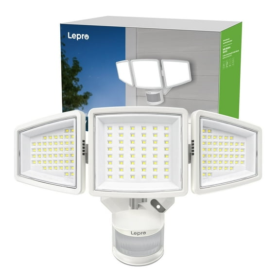 Lepro LED Motion Sensor Flood Lights for Outside Enhanced Home Security, 3 Adjustable Heads 270° Wide Lighting Angle, 27W 3200LM Super Bright for Yard Porch Garage, White