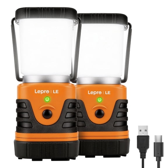 Lepro Orange 2-Pack Rechargeable Camping Lanterns , LED 1000LM 4400mAh Long-Lasting Perfect Lantern Flashlight for Hurricane and Power Outage Emergency Backup