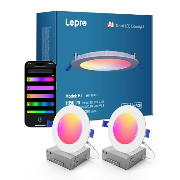 Lepro 2-Pack R2 6 inch LED Recessed Light - AI Lighting with Mood Recog. 12W 1050 Lumen Dimmable Wafer Lights RGBCW Sync with Music, Smart Canless Downlights Work Alexa & Google Assistant