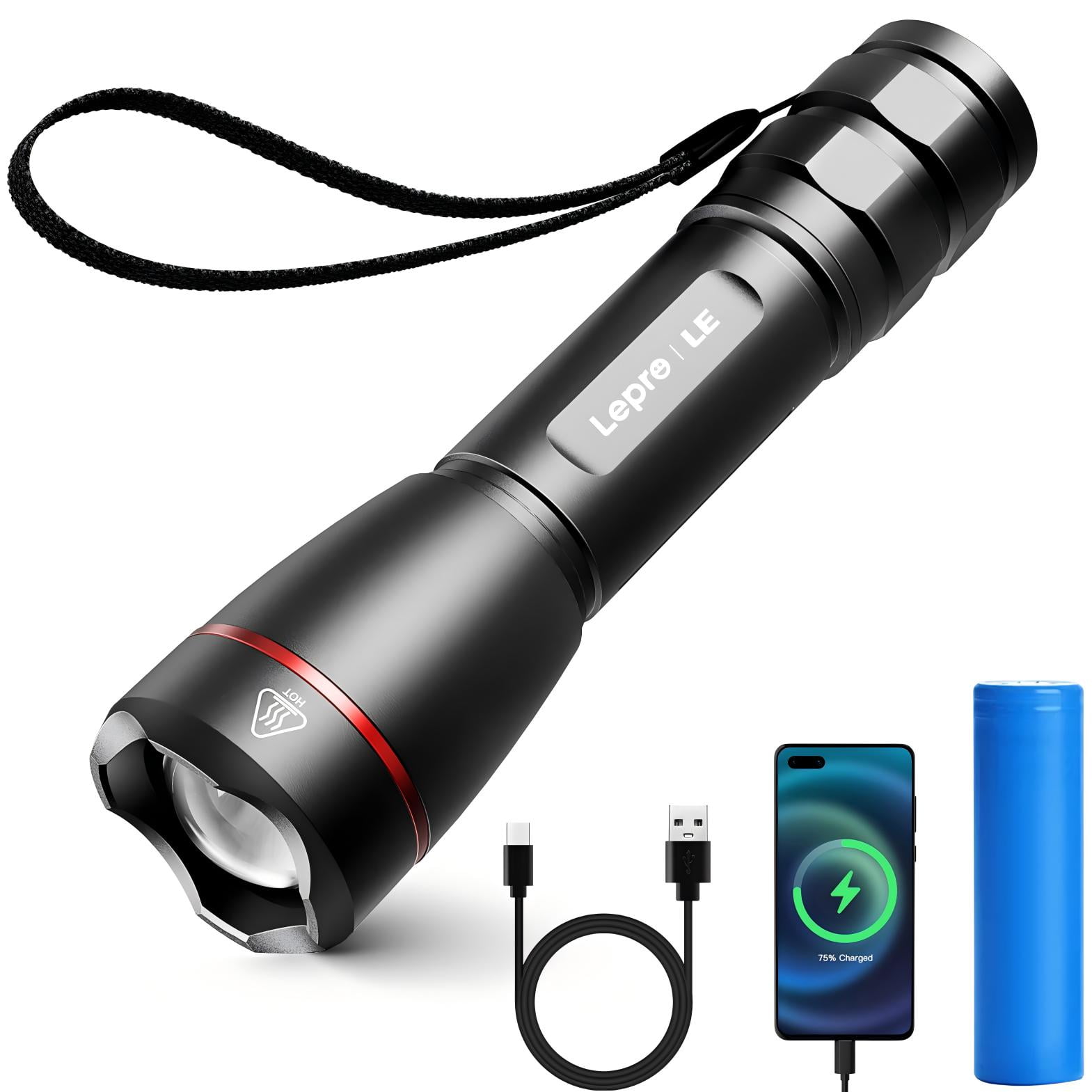 Lepro Rechargeable LED Flashlight, 1000 Lumens, IPX4 Waterproof, 5 Modes, Zoomable, Super Bright Light for Camping, Hiking, and Emergencies