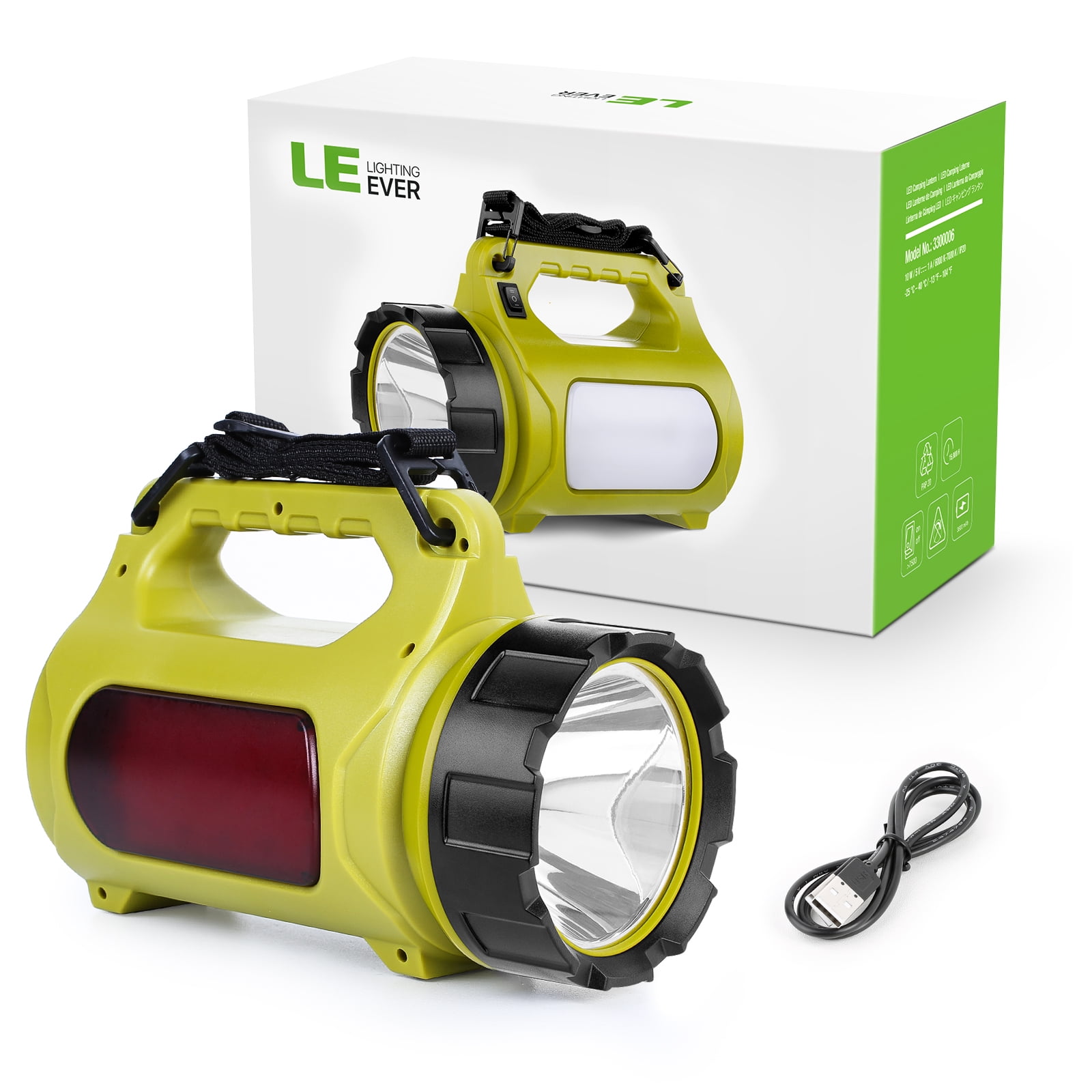 LE Rechargeable LED Lantern Flashlight with Power Bank, Green and Black