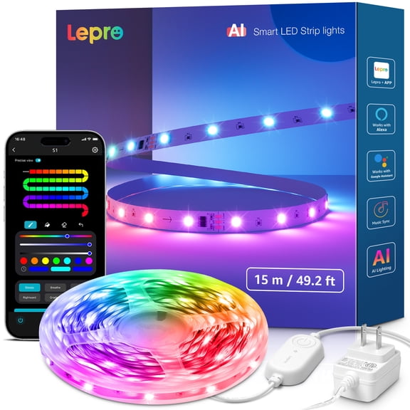 Lepro S1 AI LED Strip Lights, 49.2ft Smart RGB Light Strip with IC, Rainbow Effects, Color DIY, Personalized AI Lighting Designer, Wi-Fi & Bluetooth