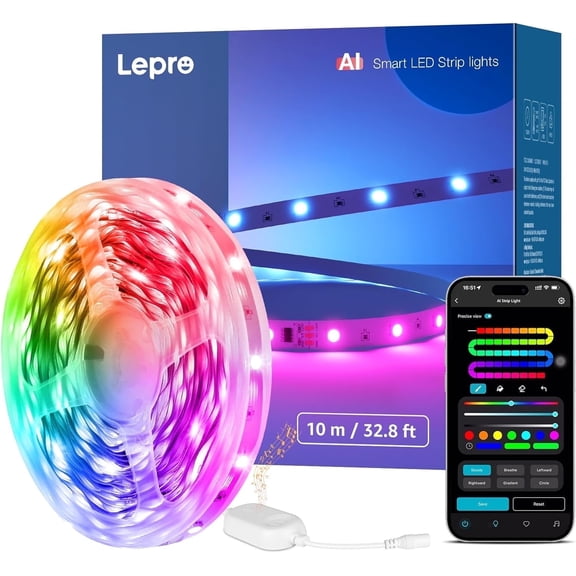 Lepro S1 AI LED Strip Lights, 32.8ft Smart RGB Light Strip with IC, Rainbow Effects, Color DIY, Personalized AI Lighting Designer, Wi-Fi & Bluetooth