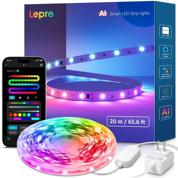 Lepro S1 AI LED Strip Lights, 65.6ft Smart RGB Light Strip with IC, Rainbow Effects, Color DIY, Personalized AI Lighting Designer, Wi-Fi & Bluetooth