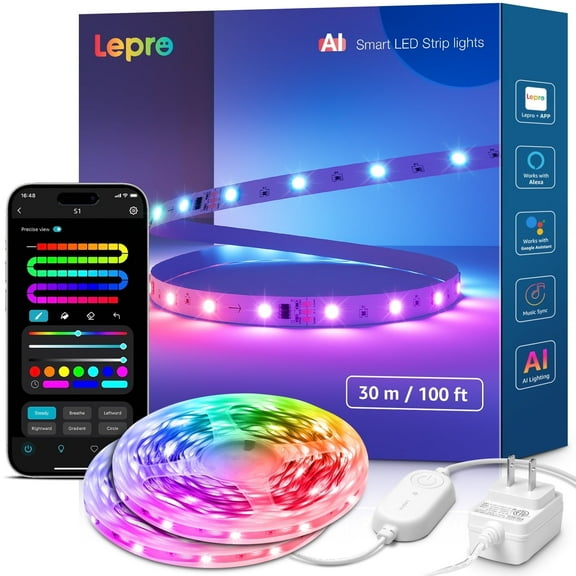 Lepro S1 AI LED Strip Lights, 98.4ft Smart RGB Light Strip with IC, Rainbow Effects, Color DIY, Personalized AI Lighting Designer, Wi-Fi & Bluetooth