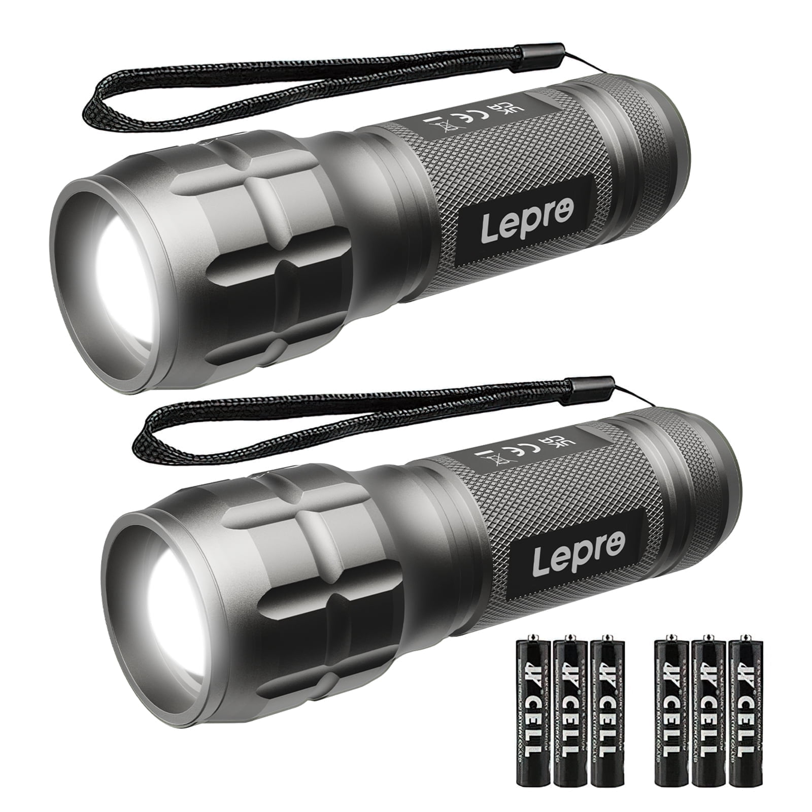 Lepro Silver 2-Packs LED Flash Light LE1000 High Lumens, Mini Multifunction Tactical Flashlight , Zoomable, Waterproof, for Camping, Outdoor Use (AAA Batteries Included)