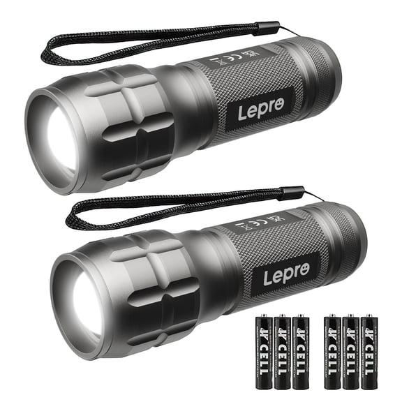 Lepro Silver 2-Packs LED Flash Light LE1000 High Lumens, Mini Multifunction Tactical Flashlight , Zoomable, Waterproof, for Camping, Outdoor Use (AAA Batteries Included)