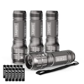 Lepro Silver 4-Packs LED Flash Light LE1000 High Lumens, Mini Multifunction Tactical Flashlight , Zoomable, Waterproof for Camping, Outdoor, and Emergency Use (AAA Batteries Included)