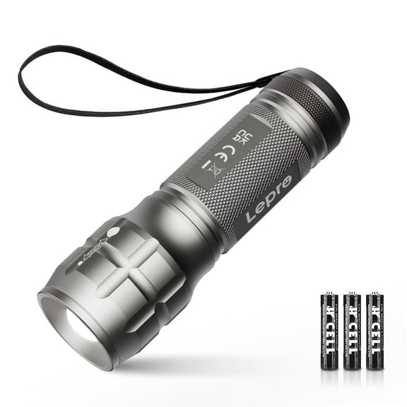 Lepro Silver LED Flash Light LE1000 High Lumens, Mini Multifunction Tactical Flashlight , Zoomable, Waterproof, Adjustable Brightness, for Camping, Outdoor and Emergency Use (AAA Batteries Included)