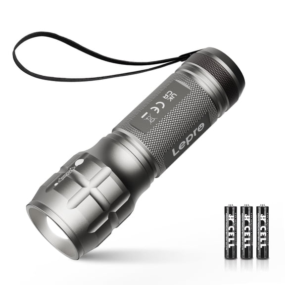 Lepro Silver LED Flash Light LE1000 High Lumens, Mini Multifunction Tactical Flashlight , Zoomable, Waterproof, for Camping, Outdoor and Emergency Use (AAA Batteries Included)