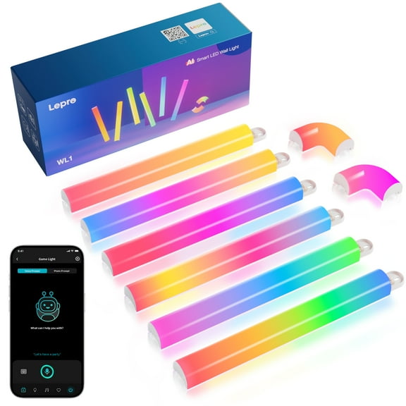 Lepro WL1 Smart Wall Light Bar, AI Lighting, Music Sync, Voice & App Control, Works with Alexa & Google, Modern Indoor Decor, 6 Pcs with Corners