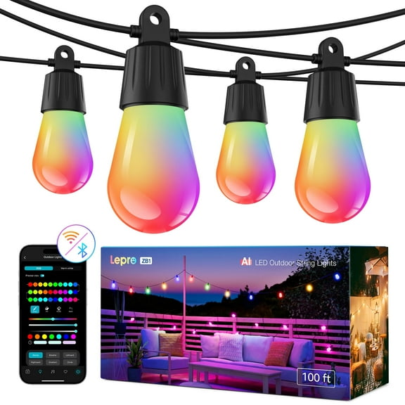 Lepro ZB1 AI Smart Outdoor String Lights APP Control, 100(88+12) ft RGB+IC+Warm White Outdoor Light 30 LED Bulbs, NOT Extendable, Alexa Google Enabled, Music Sync, NO Remote, 2.4 GHz WiFi+Bluetooth