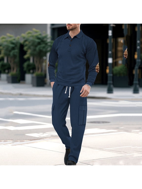Fall Tracksuits for Men Solid Color Lapel Button Long Sleeve Sweatshirts Elbow Protective Patch Design Drawstring Elastic Waist Cargo Pants Casual Workwear Suits