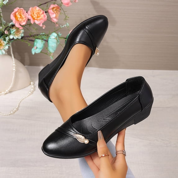 Lepsheexh Shoes for Women Versatile Round Toe Design Wedge Heel Comfortable Wear Resistant Formal Working Leather Daily Shoes