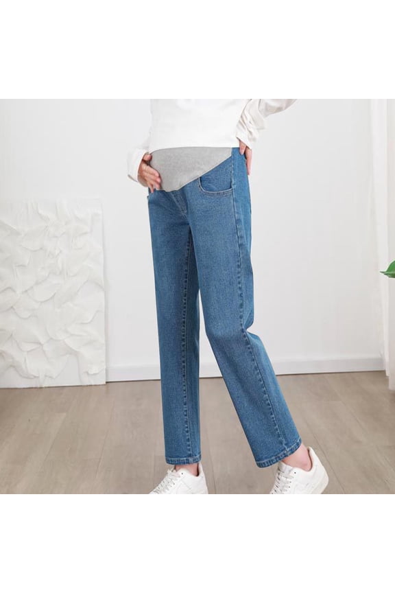 Women's Maternity Jeans Over the Belly Solid Color Stretchy Flared Pregnancy Jeans Straight Leg Loose Fit Fashion Mom Jeans, All Trimester