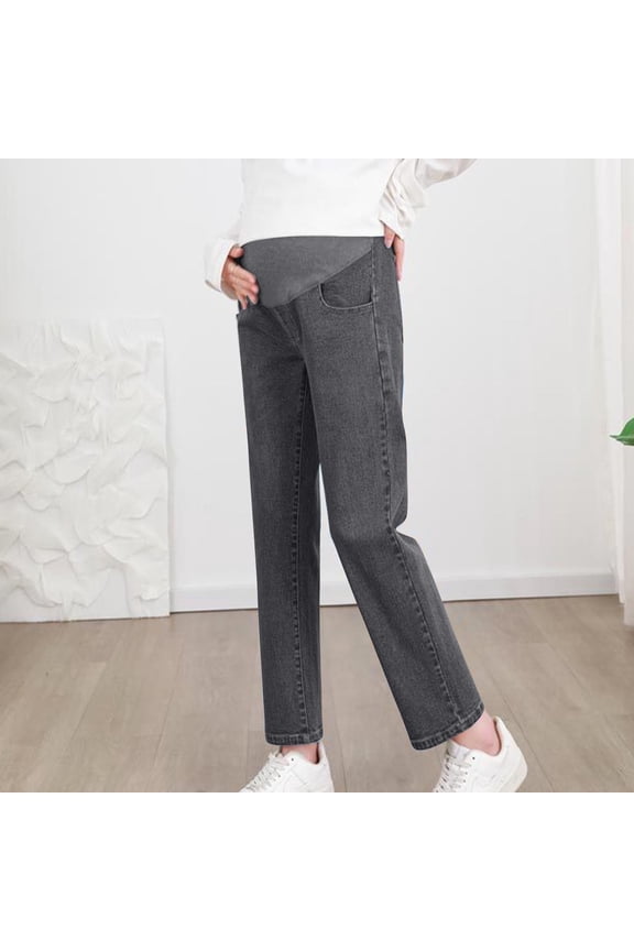 Women's Maternity Jeans Over the Belly Solid Color Stretchy Flared Pregnancy Jeans Straight Leg Loose Fit Fashion Mom Jeans, All Trimester