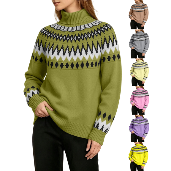 Lepsheexh Womens Sweaters Retro Patterned Turtleneck Long Sleeve Knitted Pullover Vintage Stylish Warm Windproof Winter Casual Sweater Tops
