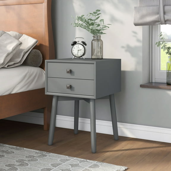 Leptis Mid-Century 2-Drawer Solid Wood Side Table, Gray
