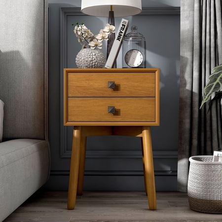 Leptis Mid-Century 2-Drawer Solid Wood Side Table, Light Oak
