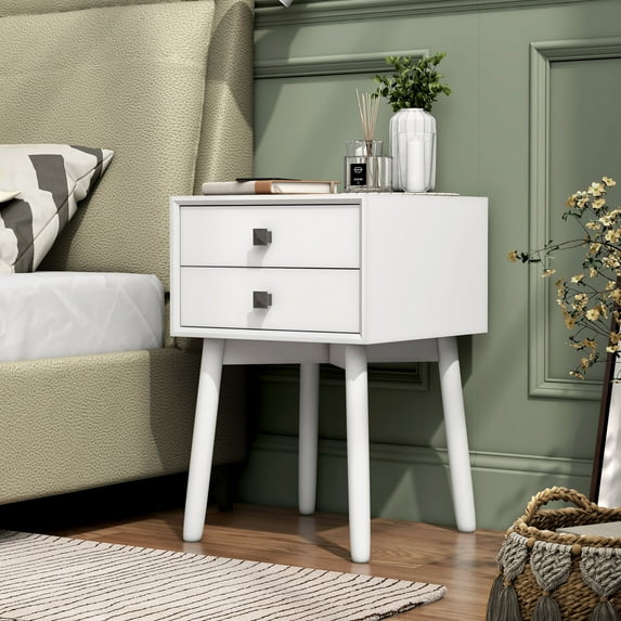 Leptis Mid-Century 2-Drawer Solid Wood Side Table, White
