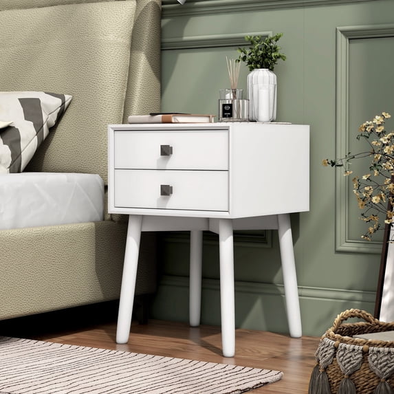 Leptis Mid-Century 2-Drawer Solid Wood Side Table, White