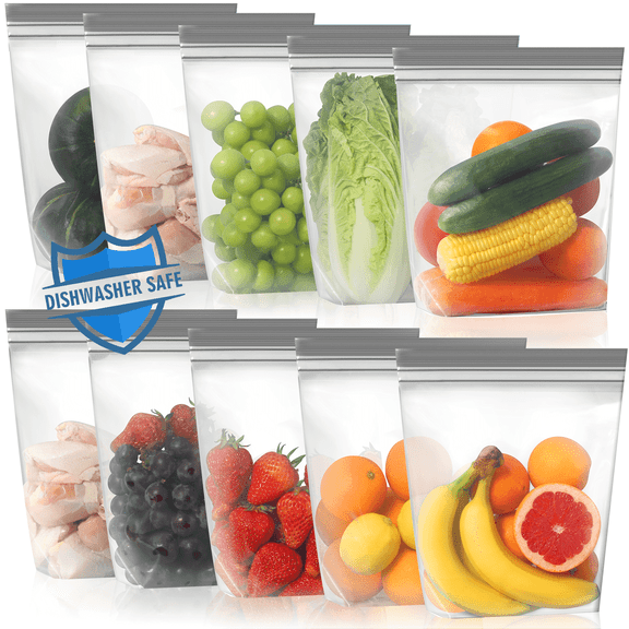 Lerine 10 Pack 11*10in Dishwasher Safe Gallon Reusable Food Storage Bags Stand-up, Leakproof Reusable Freezer Bags,Silicone Reusable Sandwich Bags Gray