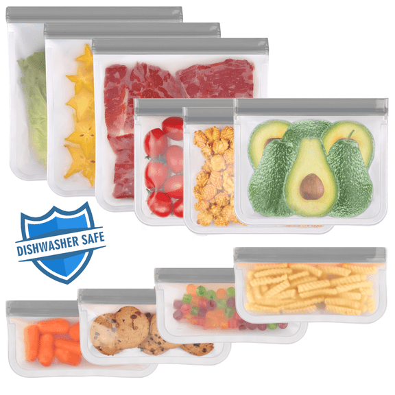 Lerine 10 Pack Dishwashr Safe Reusable Silicone Food Storage Bags, Leakproof Double Zipper Freezer Bags,Freezer-safe reusable ziploc bags,Gray