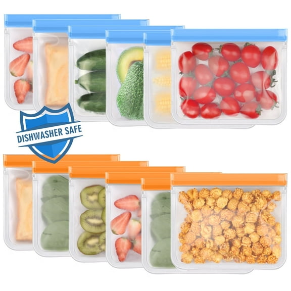 Lerine 12 Pack Dishwasher Safe Silicone Reusable Sandwich Bags, Leakproof Double Zipper, Freezer Bags,Orange&Blue
