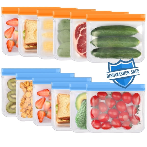 Lerine 8.7*7in 12 Pack Dishwasher Safe Reusable Sandwich Bags, Leakproof Double Zipper, Silicone Food Storage Bag Freezer Bags,Orange&Blue