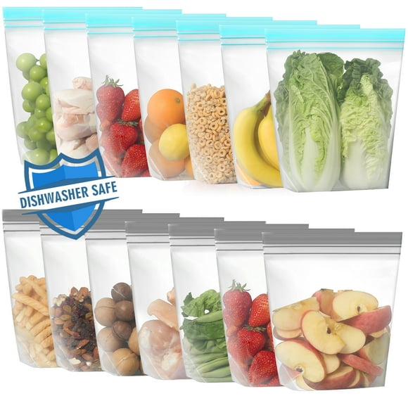 Lerine 14 Pack 10*11in Dishwasher Safe Stand-up Reusable Food Storage Bags Gallon, Leakproof Reusable Freezer Bags,Silicone Reusable Sandwich Bags