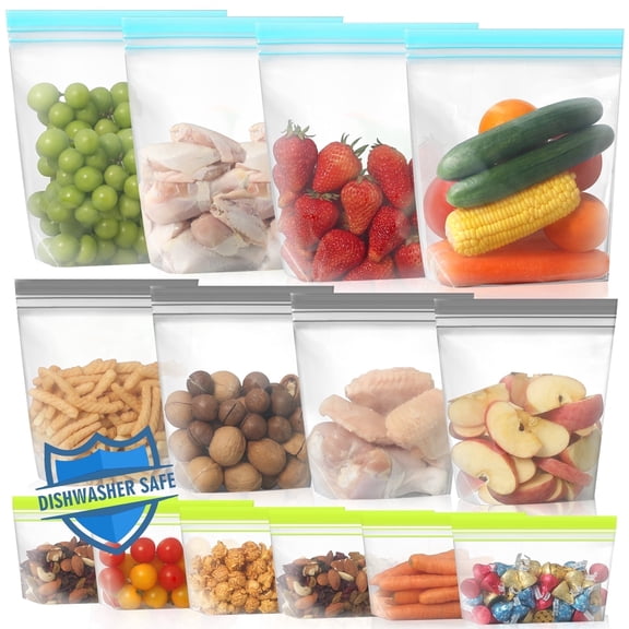 Lerine 14 Pack Dishwasher Safe Stand-up Reusable Food Storage Bags, Leakproof Reusable Freezer Bags,Silicone Reusable Sandwich Bags