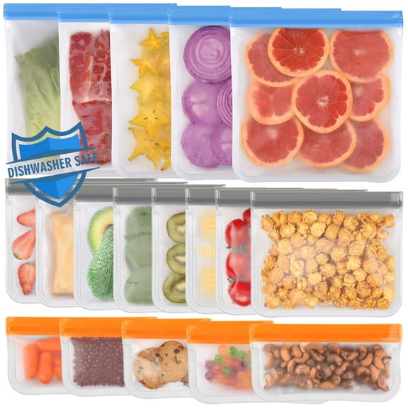 Lerine 18 Pack Dishwasher Safe Reusable Silicone Food Storage Bags, Leakproof Double Zipper Freezer Bags