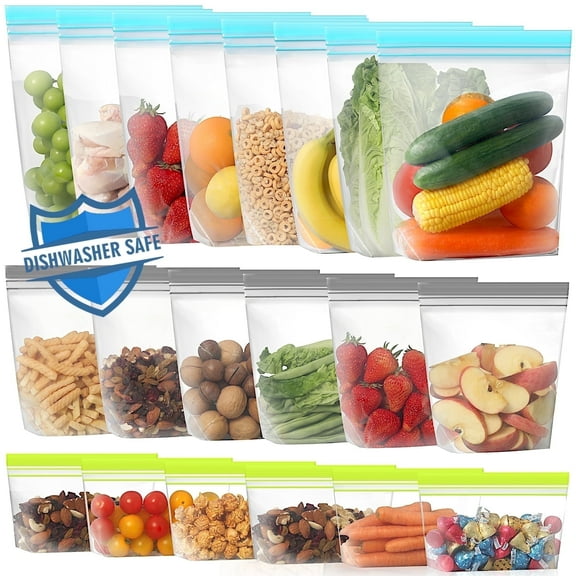 Lerine 20 Count Dishwasher Safe Reusable Freezer Bags, Leakproof Double Zipper Sandwich Bag