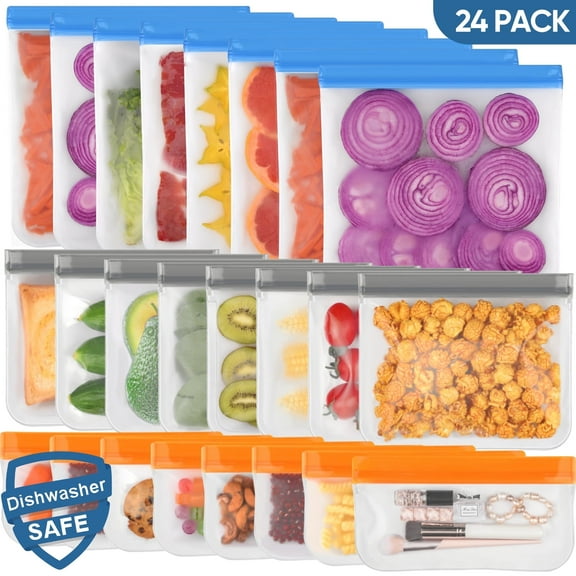 Lerine 24 Pack Dishwasher Safe Reusable Bags Slicone, Leakproof Reusable Food Storage Bags,Reusable Freezer Bags