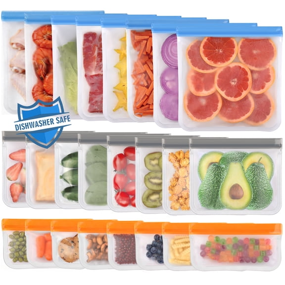 Lerine 24 Pack Dishwasher Safe Reusable Bags Slicone, Leakproof Reusable Food Storage Bags,Reusable Freezer Bags