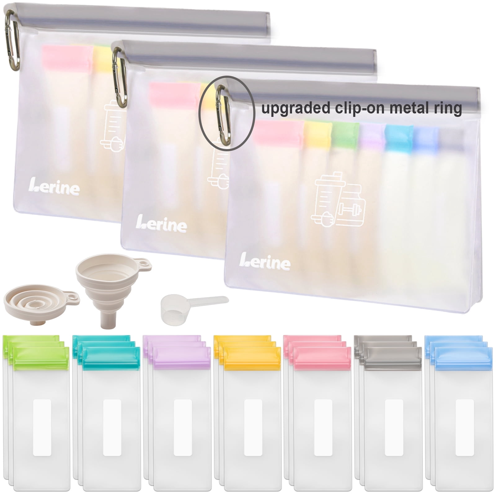 Lerine  27 Count Reusable Protein Powder Travel Container Set, 21Pcs Single Dose Bags & 3Pcs Large Zip Bags, Portable Supplement Storage Containers with Funnel 