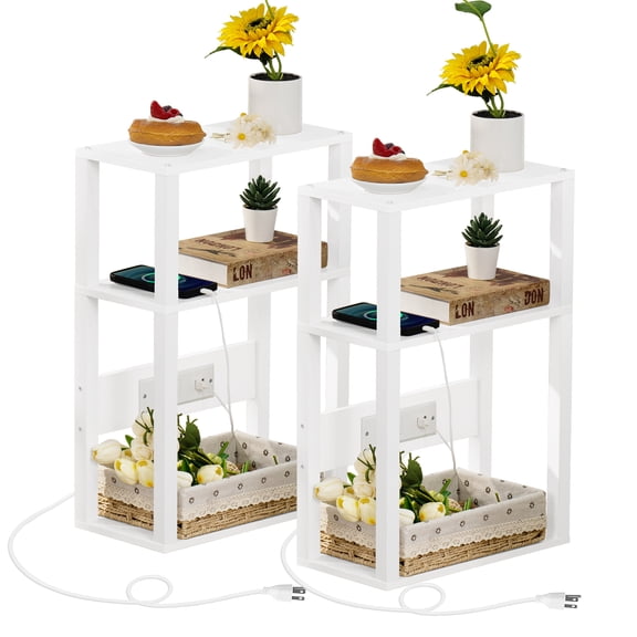 Lerliuo 2pc 3-Tier Side Table with Charging Station, Narrow Bedside Table with USB & Outlets for Small Spaces, White