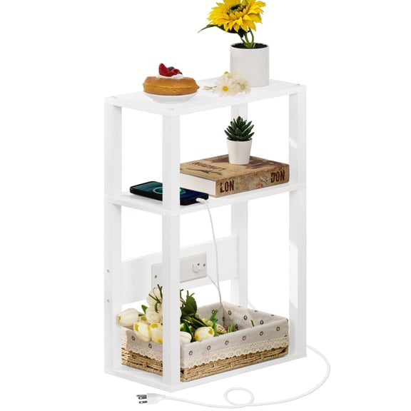 Lerliuo 3-Tier Side Table with Charging Station, Narrow Bedside Table with USB & Outlets for Small Spaces, White