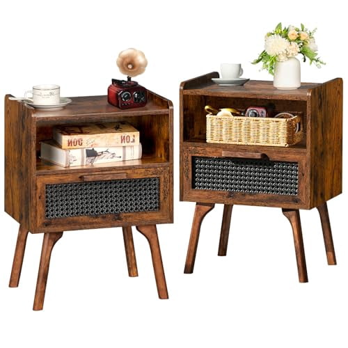 Lerliuo Rattan-Nachttisch Set, 2 Stück – Boho Beistelltisch Mit Schublade & Offenem Regal, Massivholzbeine