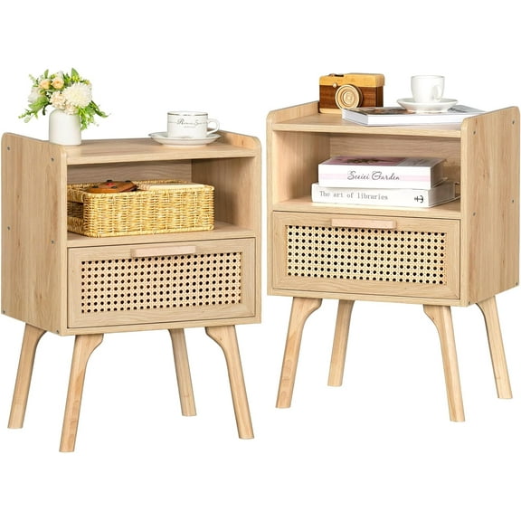 Lerliuo Rattan Nightstands Set of 2, Boho Side Table with Drawer Open Shelf, Cane Accent Bedside End Table with Solid Wood Legs for Bedroom, Dorm and Small Spaces (Natural)