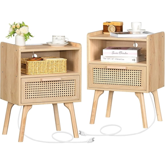 Lerliuo Rattan Nightstands Set of 2 with Charging Station, Boho Side Table with Drawer Open Shelf, Cane Accent Bedside End Table with Solid Wood Legs for Bedroom, Dorm and Small Spaces (Natural)
