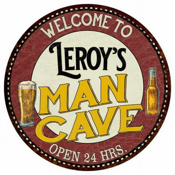 Leroy's Man Cave 14" Round Metal Sign Kitchen Bar Wall Decor 100140035198