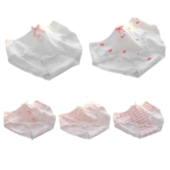 Lerpwige 5Pcs Cotton Panties with Cute Rabbit and Heart Print Lace Trim Bows Underwear