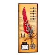 Lerpwige Antiqued Dip Pen With Inks And 5 Nibs Retro Metal Engraved Feathered Dip Pen Set For Enthusiasts Beginner Drawing