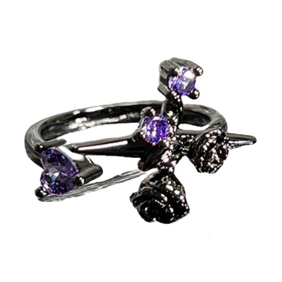Lerpwige Gothic Styles Adjustable Finger Rings Combining Crosses Designs and Flower Detail With Amethyst Embellishments