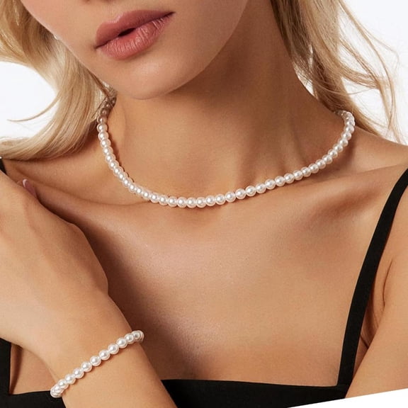 Lerpwige Lightweight Layering Necklace Bracelet Set Imitation Pearls Alloy Design Clavicle Chain For Everyday Elegances