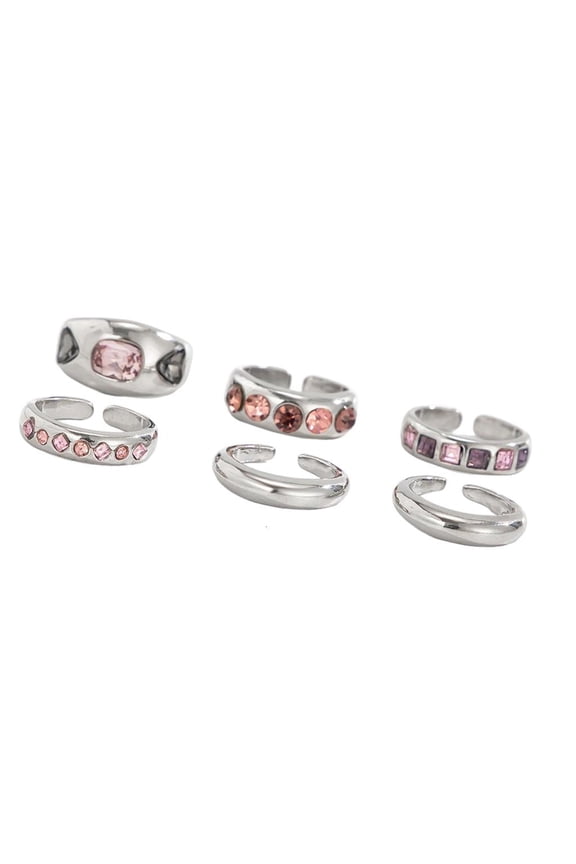 Pack of 6 Pink Gemstones Stackable Rings Adjustable Size for Layering