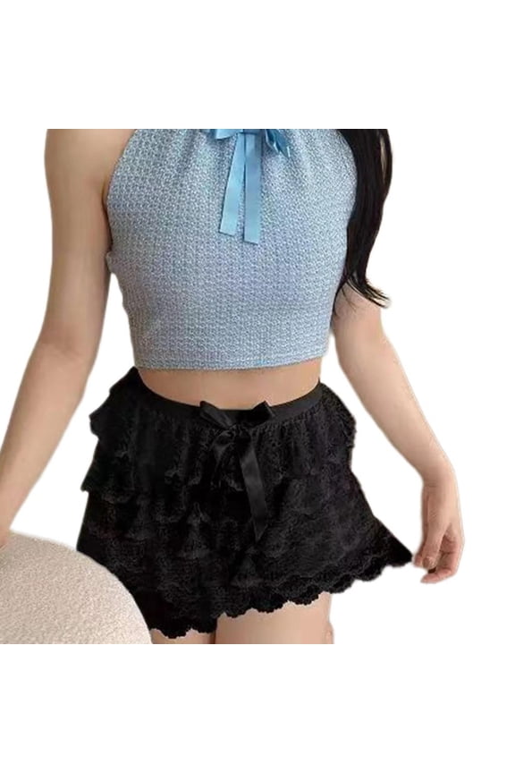 Women Bowknot Tiered Ruffled Lace Safety Shorts Half Slip Cake Pant Knickers