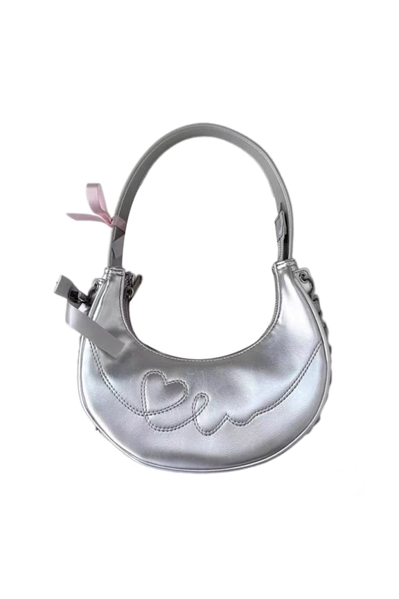 Women PU Shoulder Bag Half Moon Armpit Bag Korean Style Silver Handbag